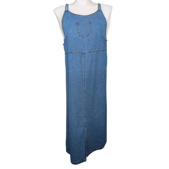 VTG Y2K Pinafore Jumper Maxi Denim Dress Large Empire Waist Overall Cottagecore - Picture 1 of 6